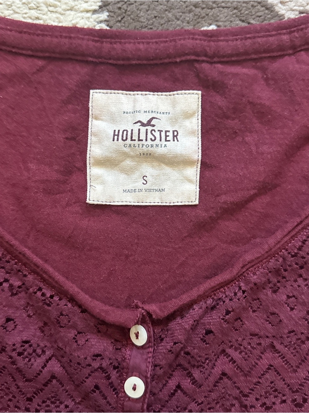 Hollister Burgundy Lace Henley Long Sleeve Top | Size S - Picture 4 of 8